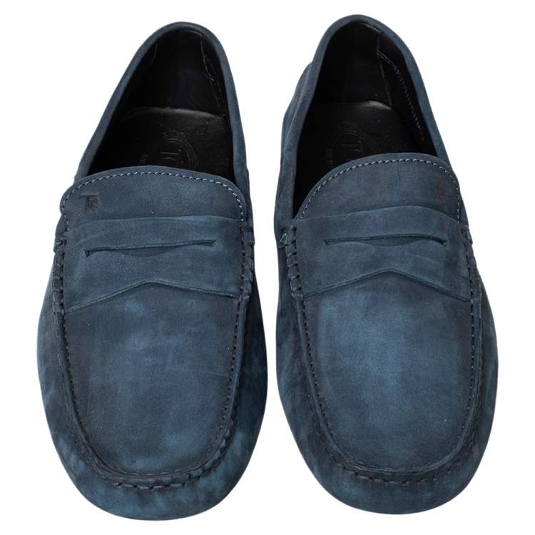Pre Owned Tod's Navy Blue Nubuck Leather Penny Slip On Loafers Size 45.5