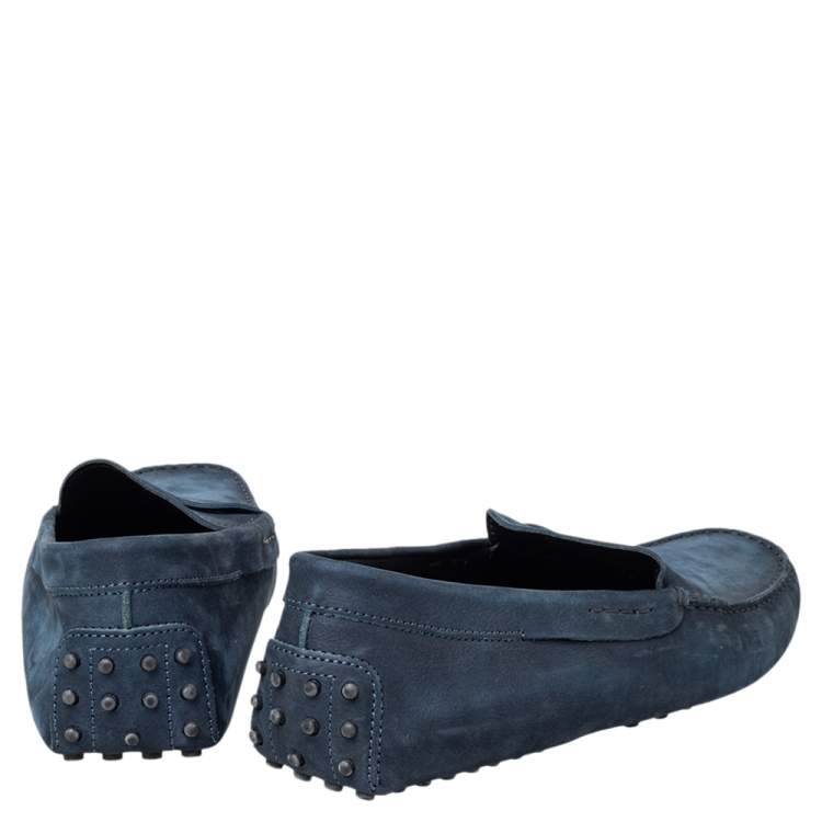 Pre Owned Tod's Navy Blue Nubuck Leather Penny Slip On Loafers Size 45.5