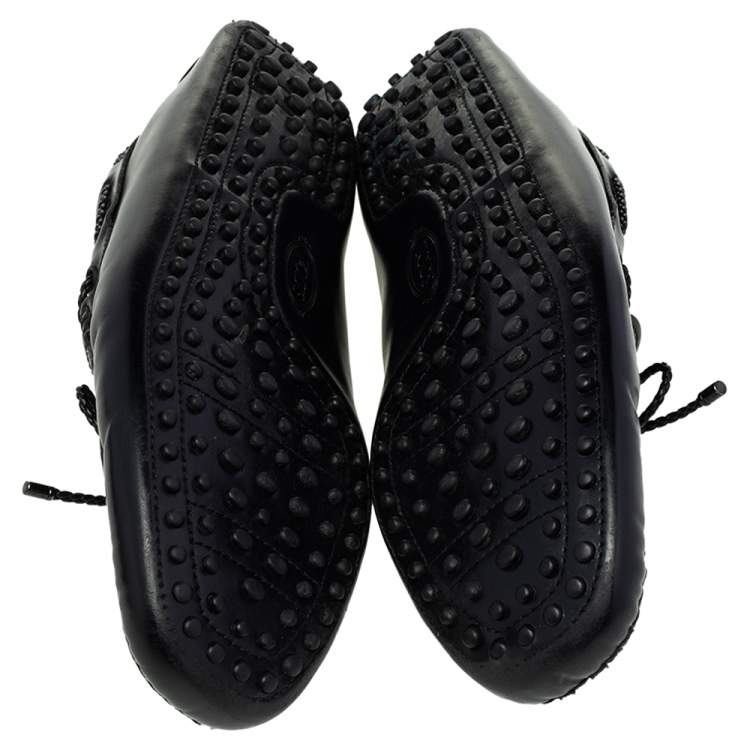 Pre Owned Tod's Black Leather Bow Slip-On Loafers Size 44