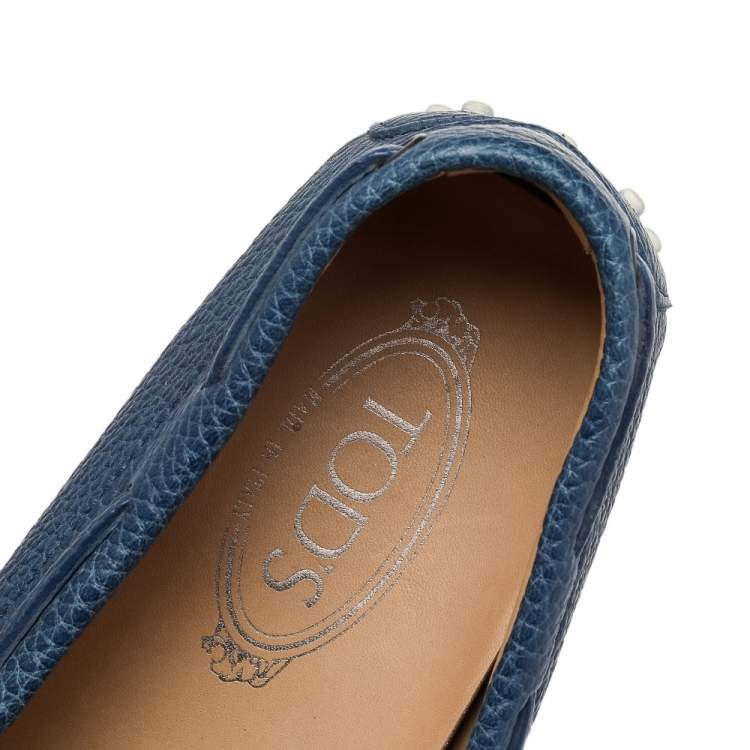 Pre Owned Tod's Blue Leather Bow Slip On Loafers Size 45