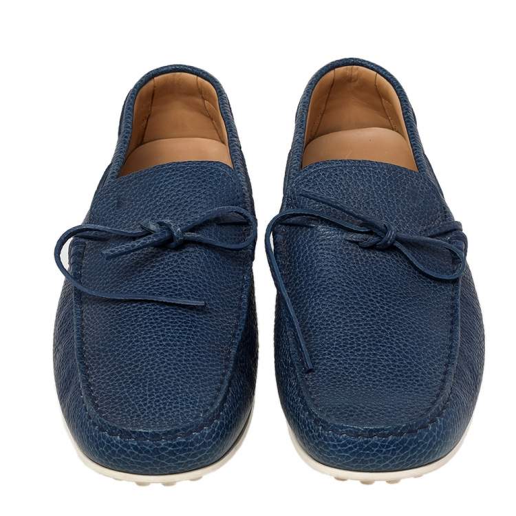 Pre Owned Tod's Blue Leather Bow Slip On Loafers Size 45