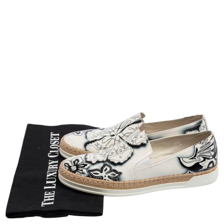 Pre Owned Tod's White Printed Leather Espadrille Slip On Sneakers Size 36.5