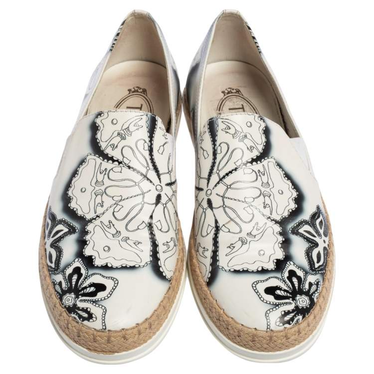 Pre Owned Tod's White Printed Leather Espadrille Slip On Sneakers Size 36.5