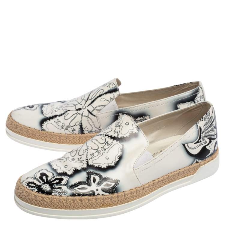 Pre Owned Tod's White Printed Leather Espadrille Slip On Sneakers Size 36.5