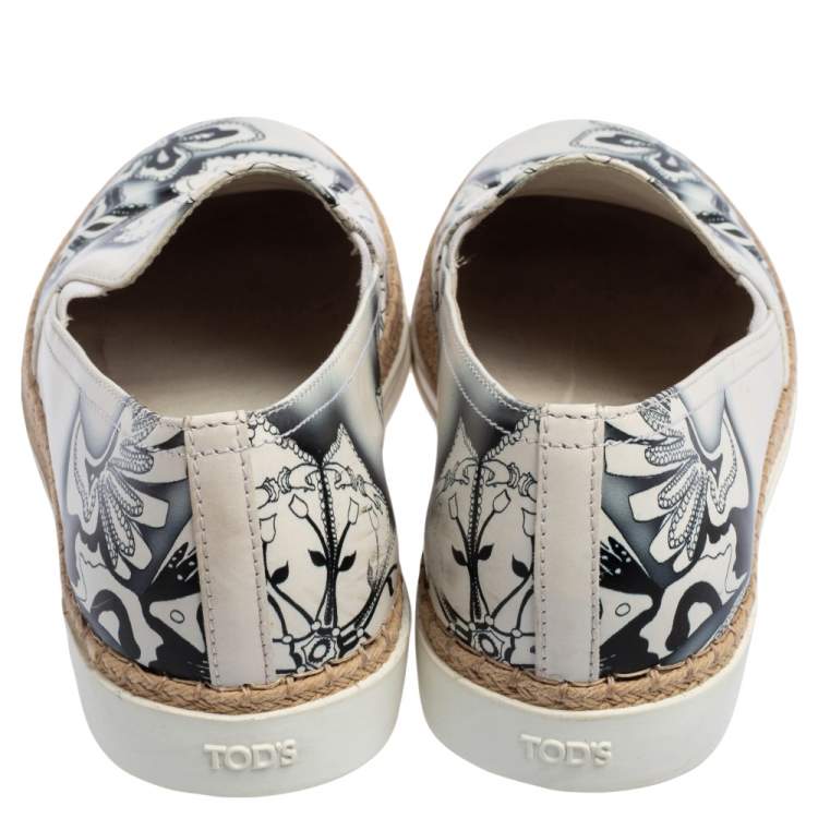 Pre Owned Tod's White Printed Leather Espadrille Slip On Sneakers Size 36.5