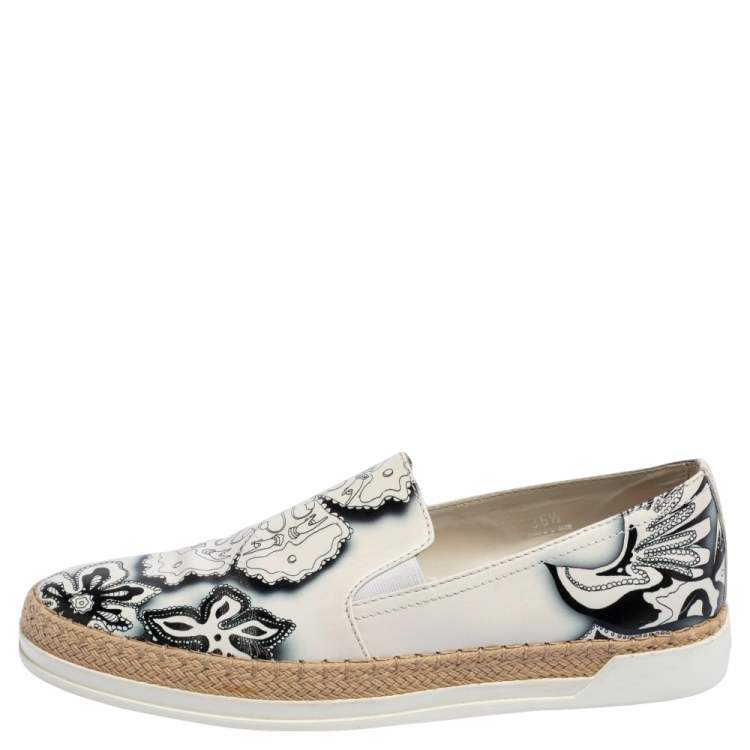 Pre Owned Tod's White Printed Leather Espadrille Slip On Sneakers Size 36.5