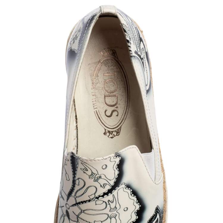 Pre Owned Tod's White Printed Leather Espadrille Slip On Sneakers Size 36.5