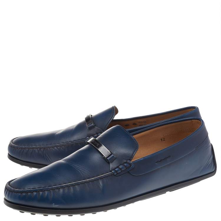 Pre Owned Tod's Blue Leather Logo Bit Slip On Loafers Size 47