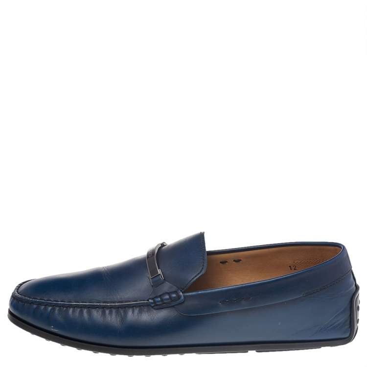 Pre Owned Tod's Blue Leather Logo Bit Slip On Loafers Size 47