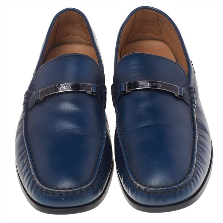 Pre Owned Tod's Blue Leather Logo Bit Slip On Loafers Size 47