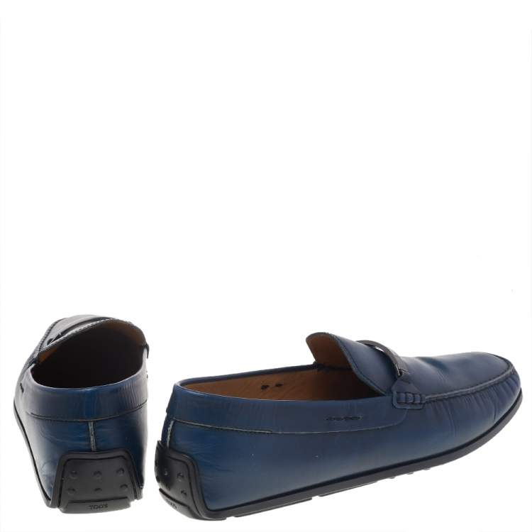Pre Owned Tod's Blue Leather Logo Bit Slip On Loafers Size 47