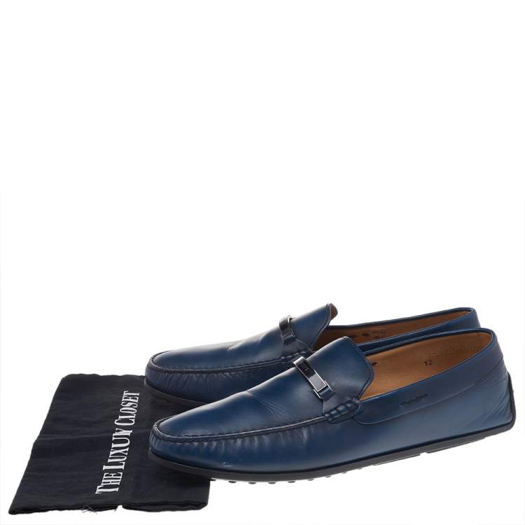 Pre Owned Tod's Blue Leather Logo Bit Slip On Loafers Size 47