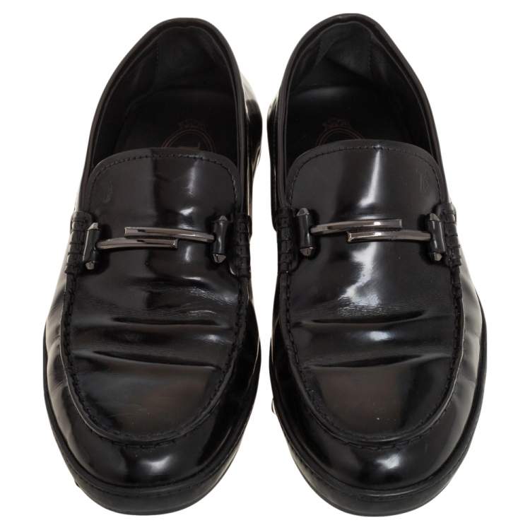 Pre Owned Tods Black  Leather Double T Slip On Loafers Size 39.5