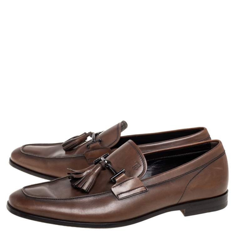 Pre Owned Tods Brown Leather Tassel Slip On Loafers Size 42