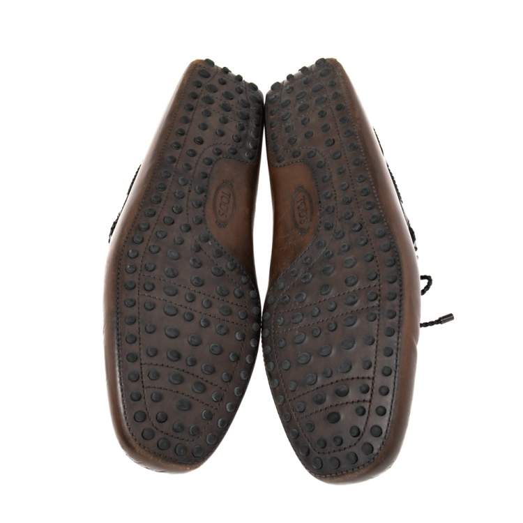 Pre Owned Tod's Brown Leather Braided Bow Slip On Loafers Size 45.5