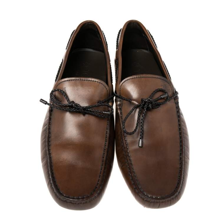 Pre Owned Tod's Brown Leather Braided Bow Slip On Loafers Size 45.5