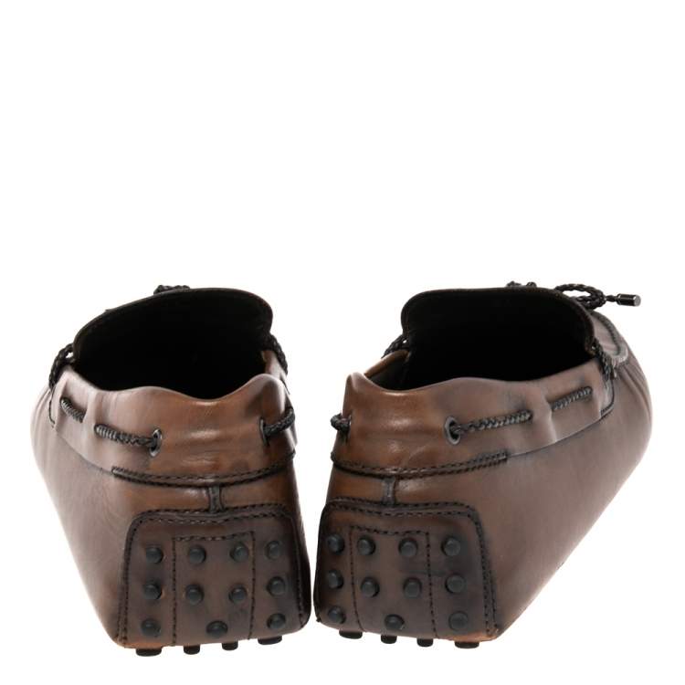 Pre Owned Tod's Brown Leather Braided Bow Slip On Loafers Size 45.5