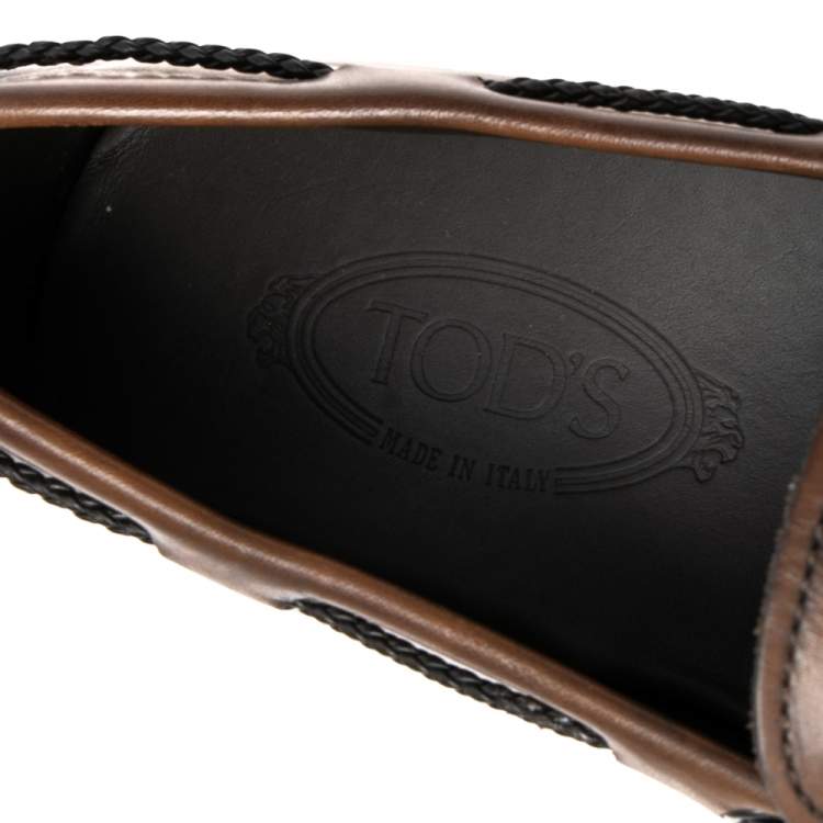Pre Owned Tod's Brown Leather Braided Bow Slip On Loafers Size 45.5