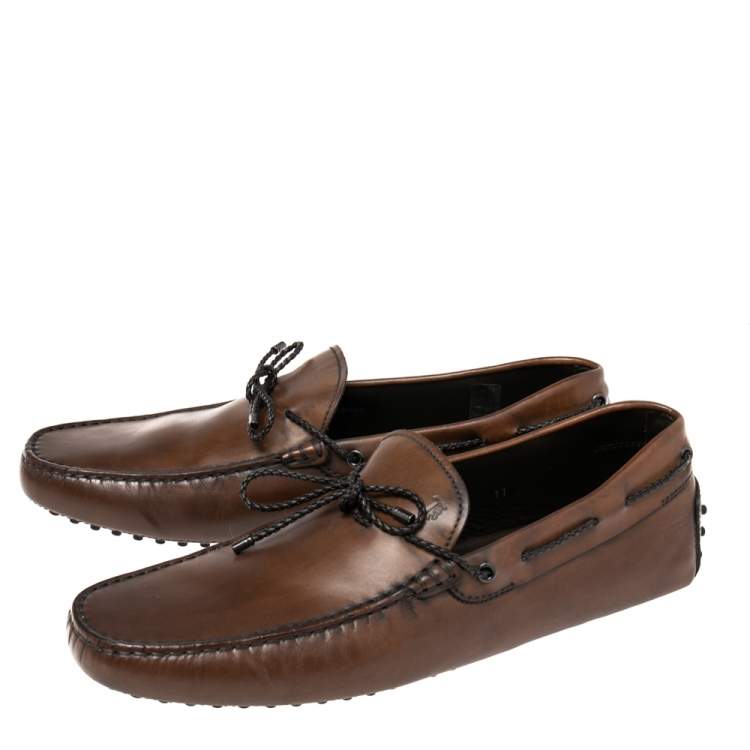 Pre Owned Tod's Brown Leather Braided Bow Slip On Loafers Size 45.5