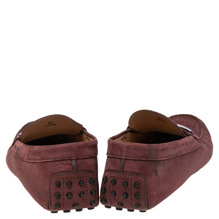 Pre Owned Tod's Burgundy Nubuck Leather Bit Slip On Loafers Size 42.5