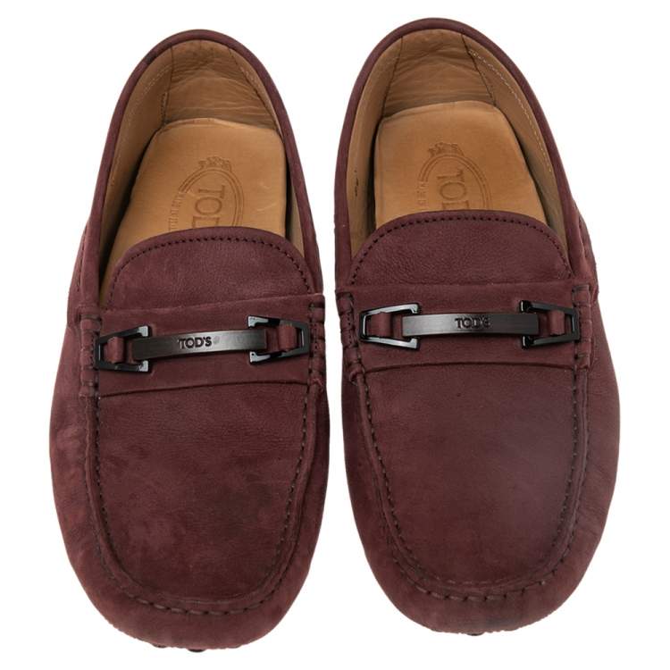 Pre Owned Tod's Burgundy Nubuck Leather Bit Slip On Loafers Size 42.5