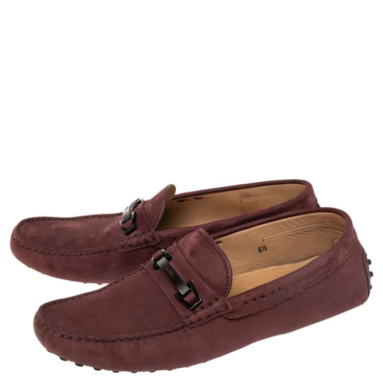 Pre Owned Tod's Burgundy Nubuck Leather Bit Slip On Loafers Size 42.5
