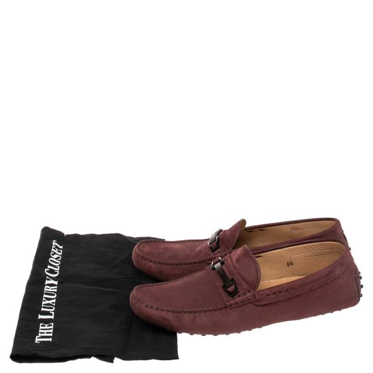 Pre Owned Tod's Burgundy Nubuck Leather Bit Slip On Loafers Size 42.5