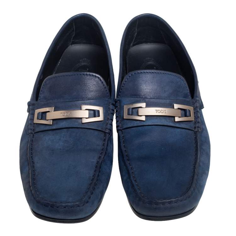 Pre Owned Tod's Navy Blue Nubuck Leather Bit Slip On Loafers Size 42.5