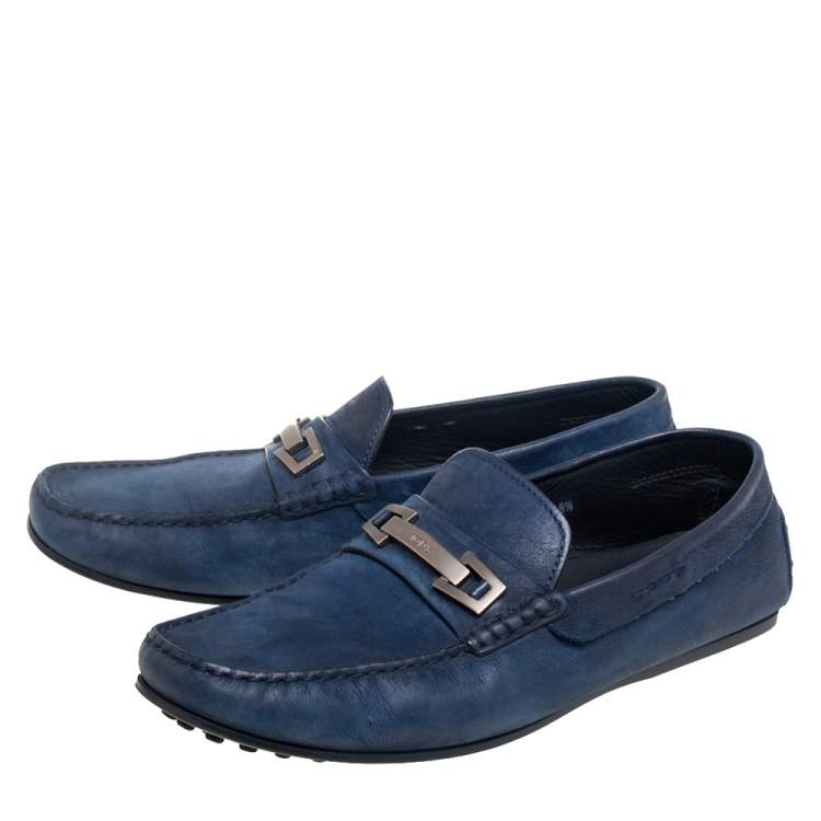 Pre Owned Tod's Navy Blue Nubuck Leather Bit Slip On Loafers Size 42.5