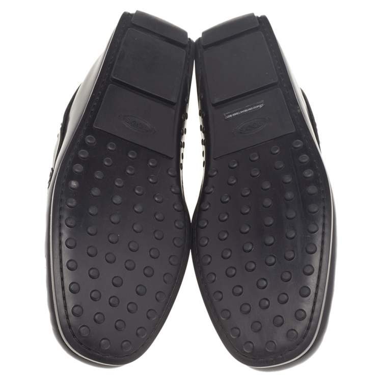Pre Owned Tod's Black Leather Logo Trim Slip On Loafers Size 41