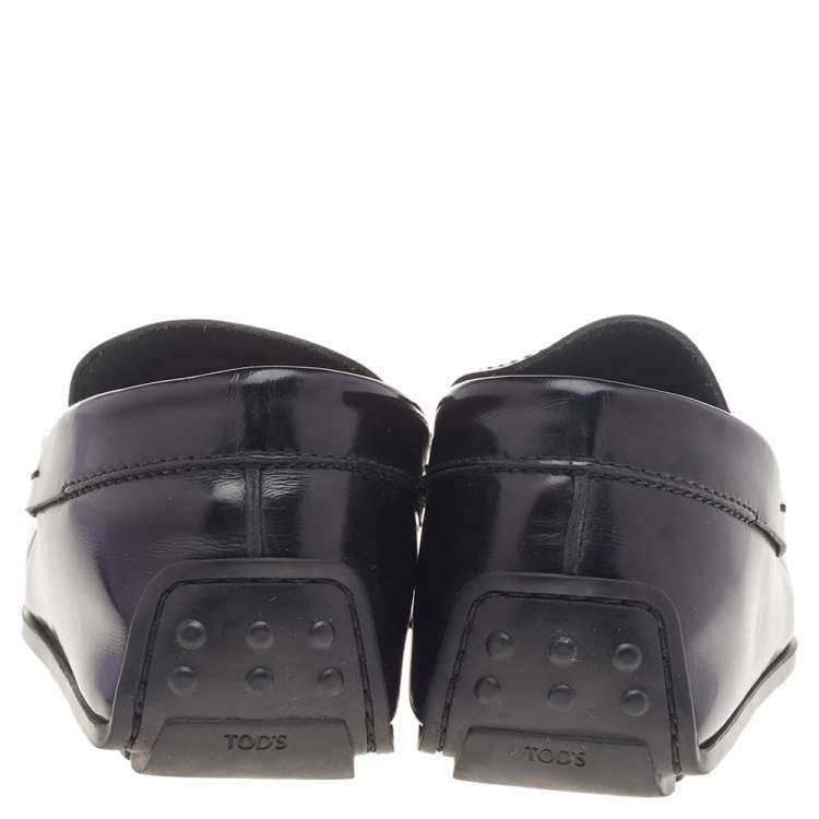 Pre Owned Tod's Black Leather Logo Trim Slip On Loafers Size 41