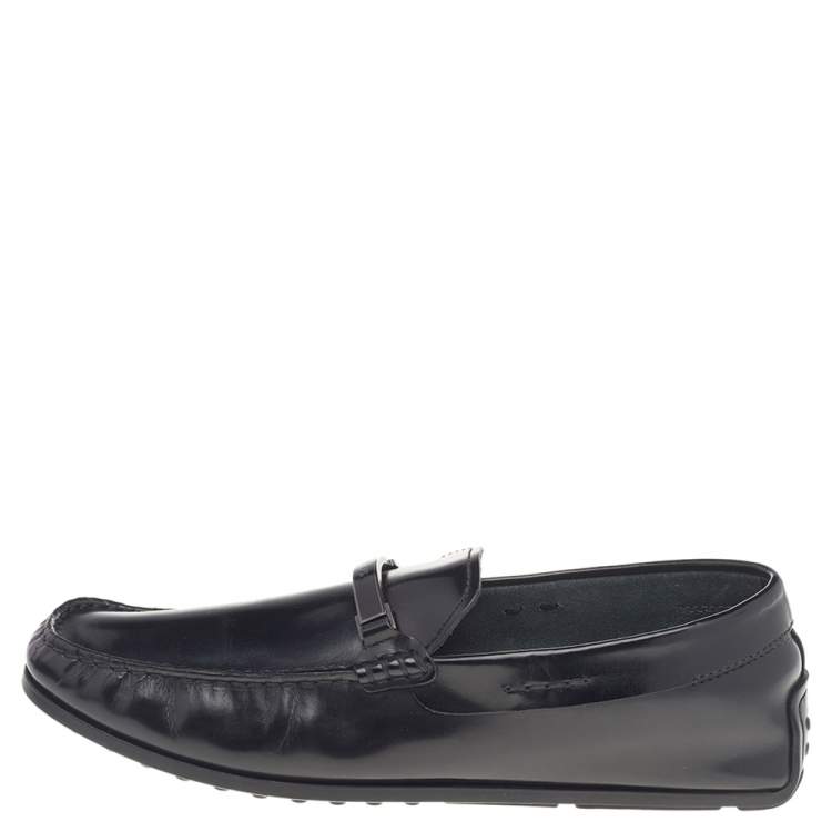 Pre Owned Tod's Black Leather Logo Trim Slip On Loafers Size 41