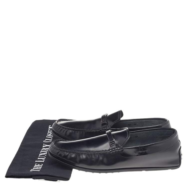 Pre Owned Tod's Black Leather Logo Trim Slip On Loafers Size 41