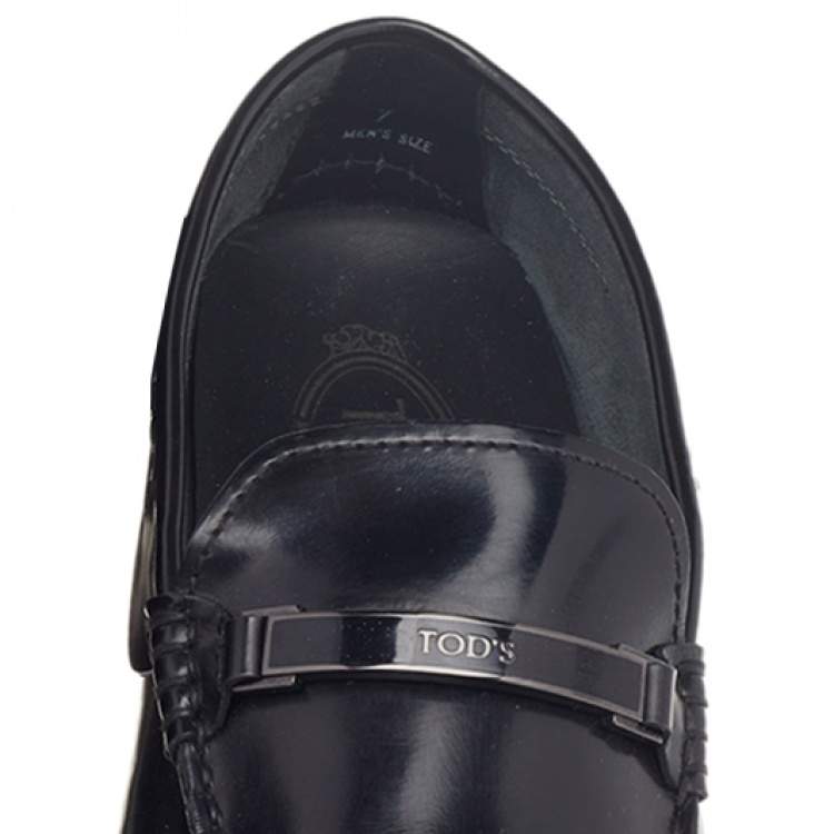 Pre Owned Tod's Black Leather Logo Trim Slip On Loafers Size 41