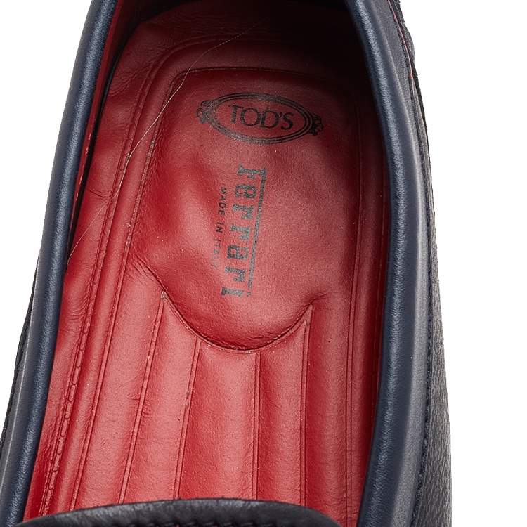 Pre Owned Tod's for Ferrari Black-Navy Blue Leather Slip On Loafers Size 42