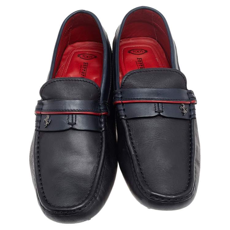 Pre Owned Tod's for Ferrari Black-Navy Blue Leather Slip On Loafers Size 42