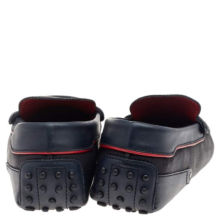 Pre Owned Tod's for Ferrari Black-Navy Blue Leather Slip On Loafers Size 42