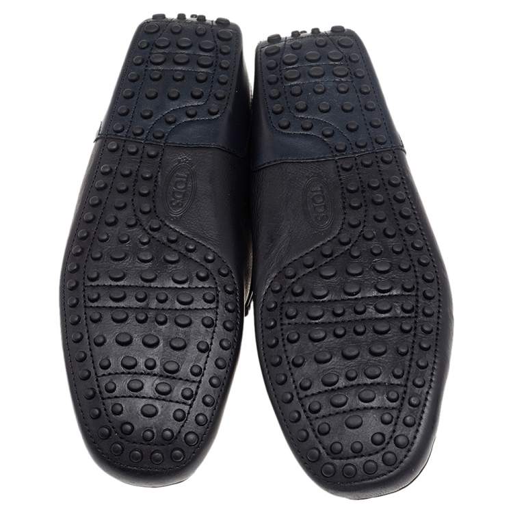 Pre Owned Tod's for Ferrari Black-Navy Blue Leather Slip On Loafers Size 42