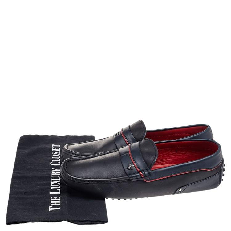 Pre Owned Tod's for Ferrari Black-Navy Blue Leather Slip On Loafers Size 42