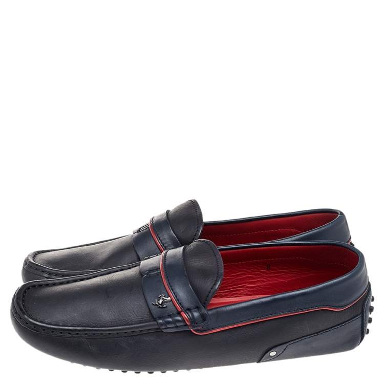 Pre Owned Tod's for Ferrari Black-Navy Blue Leather Slip On Loafers Size 42
