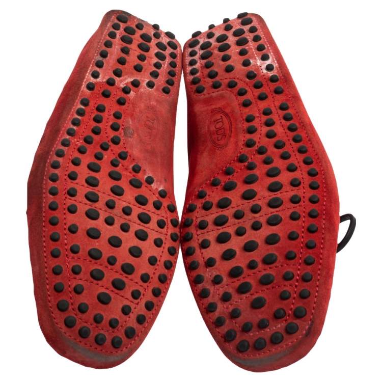 Pre Owned Tod's For Ferrari Red Suede Gommino Driving Loafers Size 42