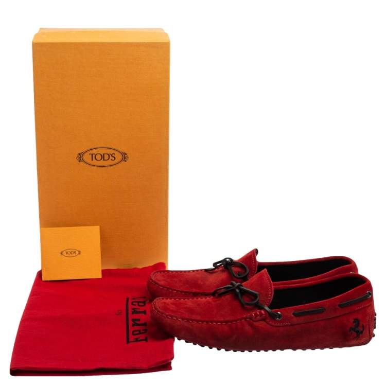 Pre Owned Tod's For Ferrari Red Suede Gommino Driving Loafers Size 42