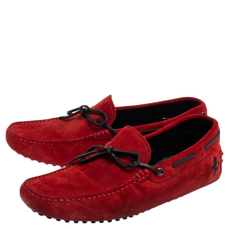 Pre Owned Tod's For Ferrari Red Suede Gommino Driving Loafers Size 42