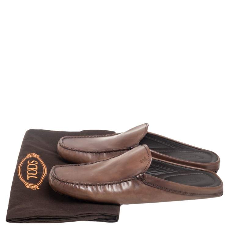 Pre Owned Tod's Dark Brown Leather Flat Loafer Mules Size 41.5