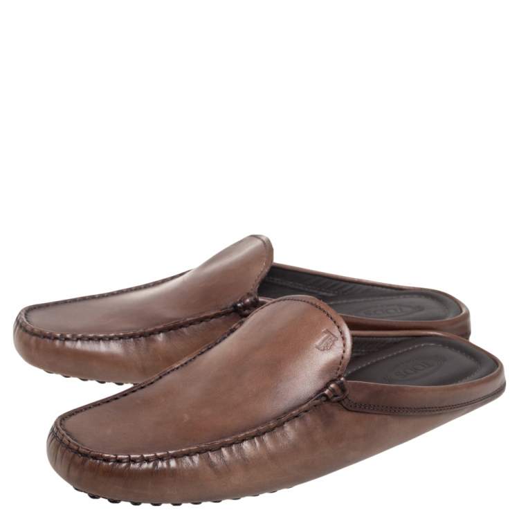 Pre Owned Tod's Dark Brown Leather Flat Loafer Mules Size 41.5