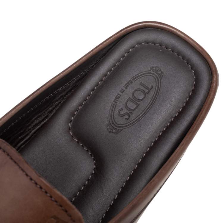 Pre Owned Tod's Dark Brown Leather Flat Loafer Mules Size 41.5