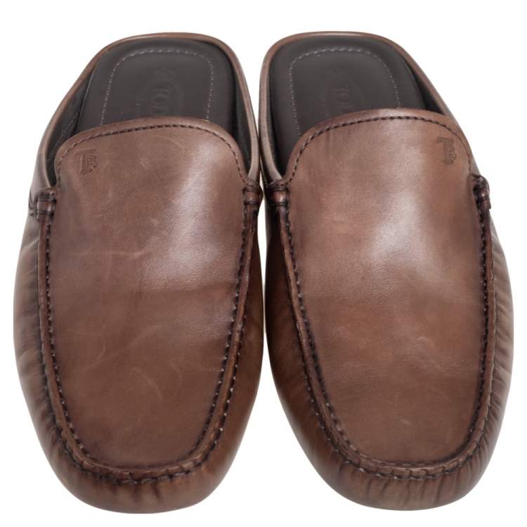 Pre Owned Tod's Dark Brown Leather Flat Loafer Mules Size 41.5
