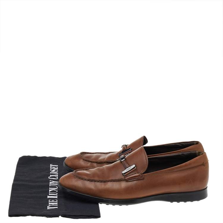 مملوكة مسبقًا Tod's Brown Leather Double T Slip On Loafers Size 41.5