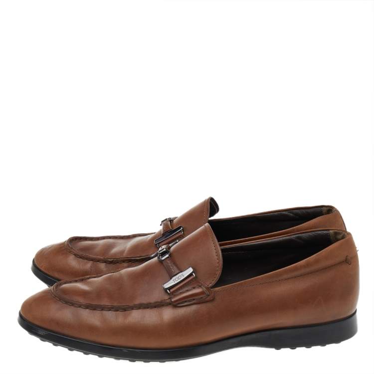 مملوكة مسبقًا Tod's Brown Leather Double T Slip On Loafers Size 41.5