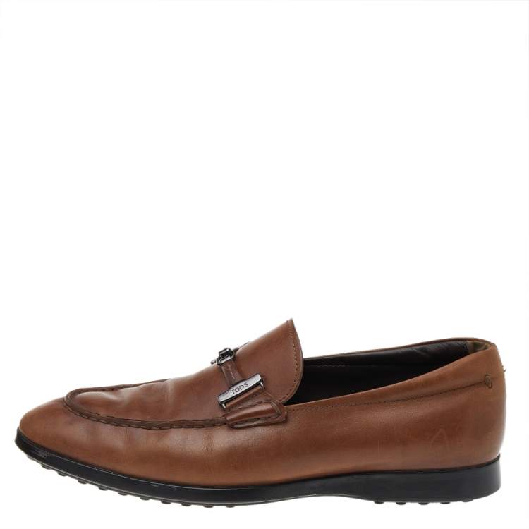 مملوكة مسبقًا Tod's Brown Leather Double T Slip On Loafers Size 41.5